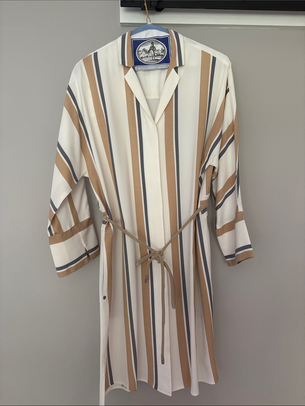 Lafayette 148 New York Beige, White & Navy Striped Button-Down Dress